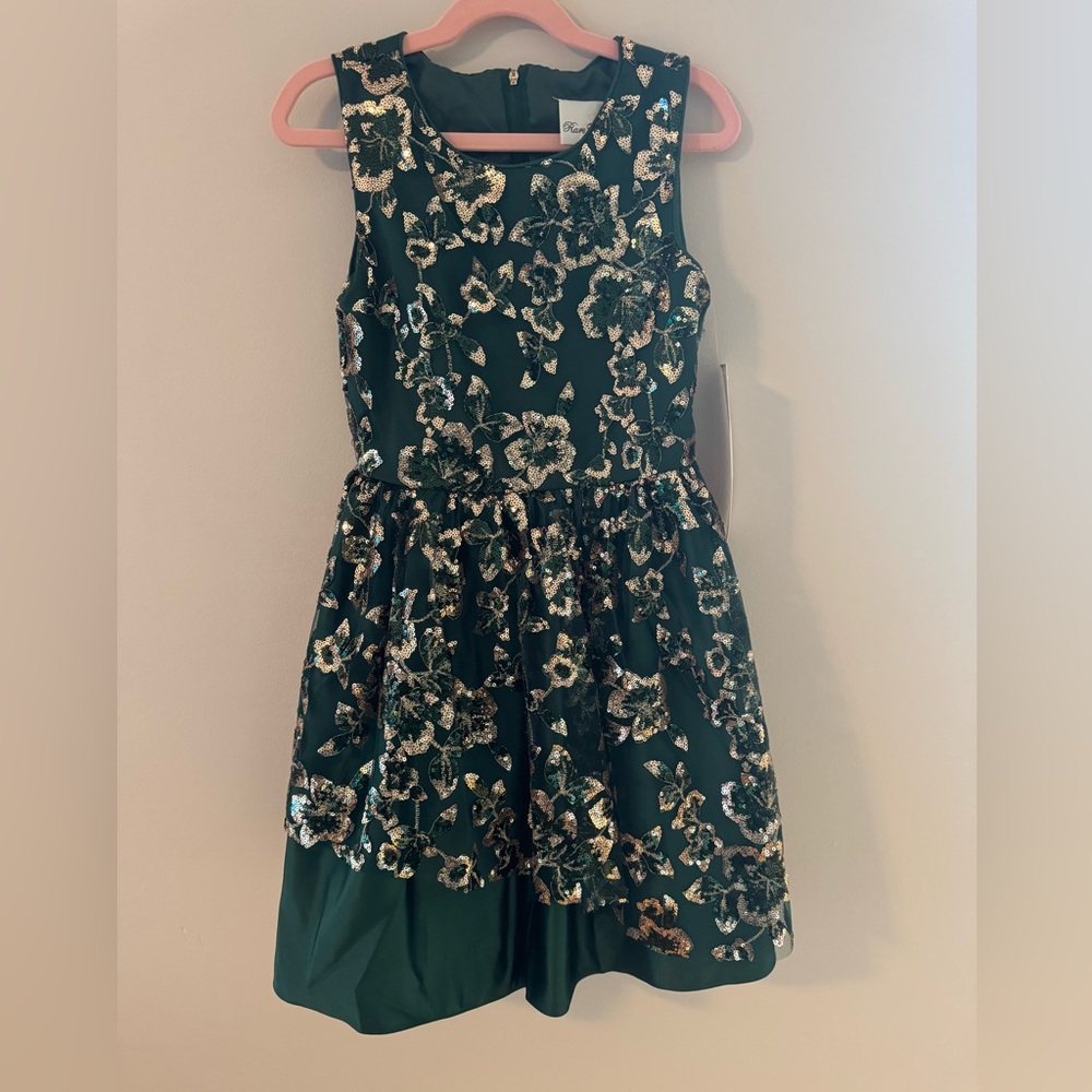 Rare Editions Green & Gold Sequin Dress with Asymmetrical Mesh Overlay